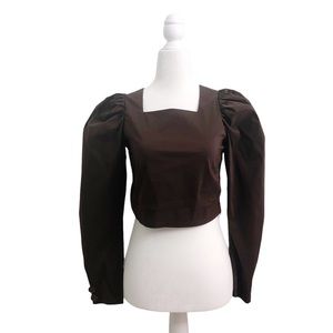 Olivaceous Puff Sleeve Crop Top Long Square Neck Brown